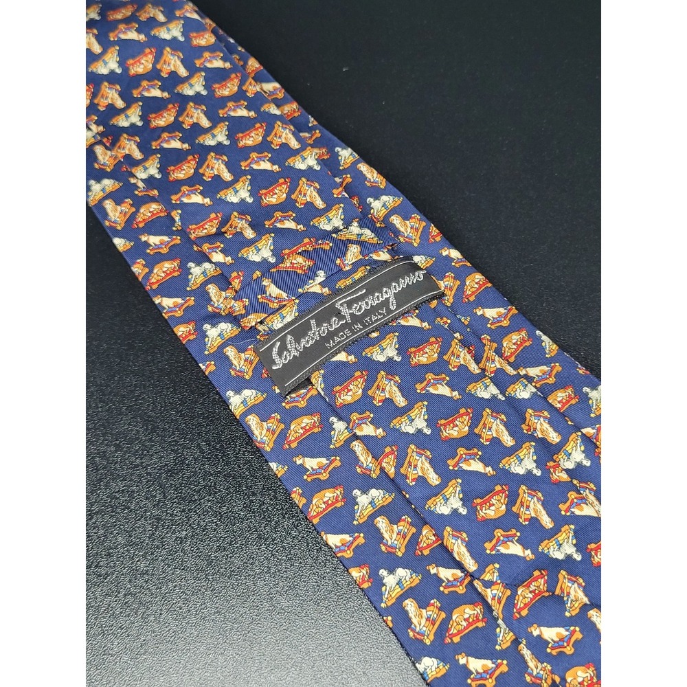 Salvatore Ferragamo Mens Silk Tie Navy Blue Dog Cushion Pattern Made in Italy